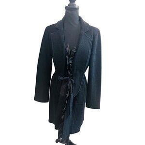 Luciano Dante Womens M Black 100% Wool Belted w/Satin Ruffle Coat City Office